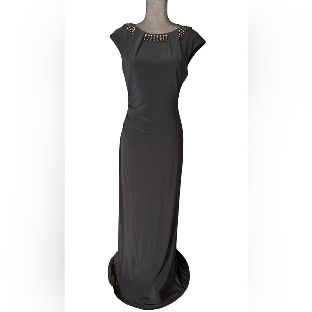 Vince Camuto blue/grey cap sleeved gown with jeweled neckline size 6